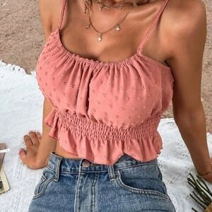 Boutique Pink Swiss Dot Shirred Crop Tank Top M